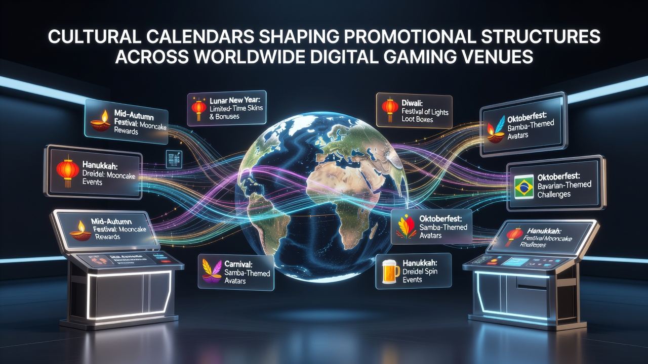 Digital gaming interfaces displaying culturally timed promotions across global venues