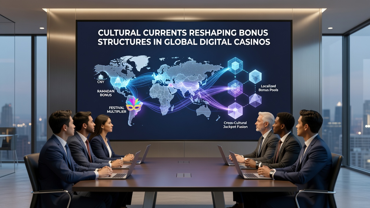 Diverse group of players engaging with culturally adapted bonus features on digital casino platforms