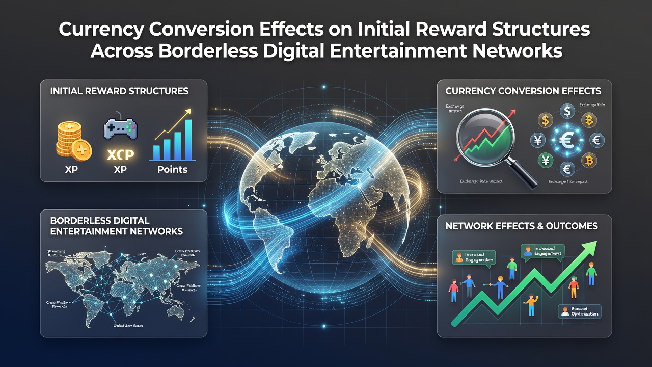 Digital entertainment platforms showing currency symbols and reward interfaces across global networks
