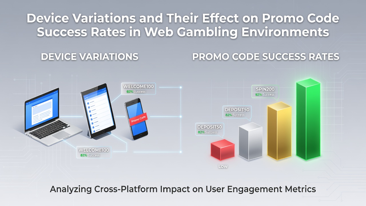 Various gambling devices including smartphones, tablets, and desktop computers displaying promo code interfaces