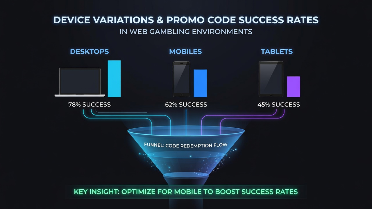 Analytics dashboard comparing promo code redemption rates across mobile, tablet, and desktop devices