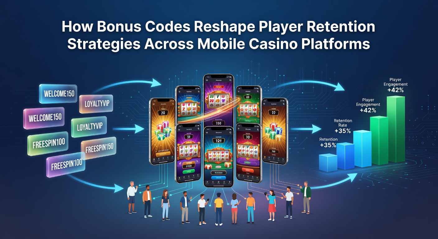 Mobile casino app interface displaying bonus code redemption screen with animated rewards and player dashboard metrics