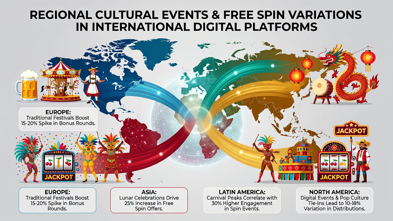 Map overlay of global digital gaming networks with cultural event markers influencing free spin allocations