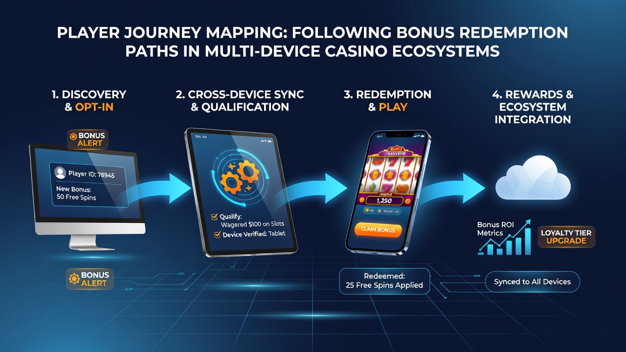 Diagram showing cross-device bonus redemption paths with arrows connecting mobile, tablet and desktop casino screens