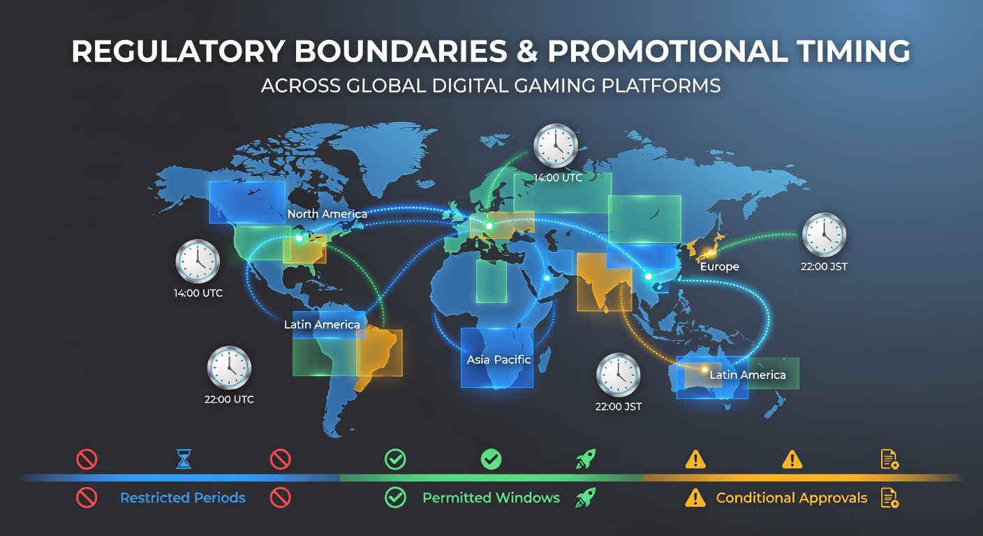 Global digital gaming platforms showing regulatory compliance dashboards and promotional calendars across multiple jurisdictions