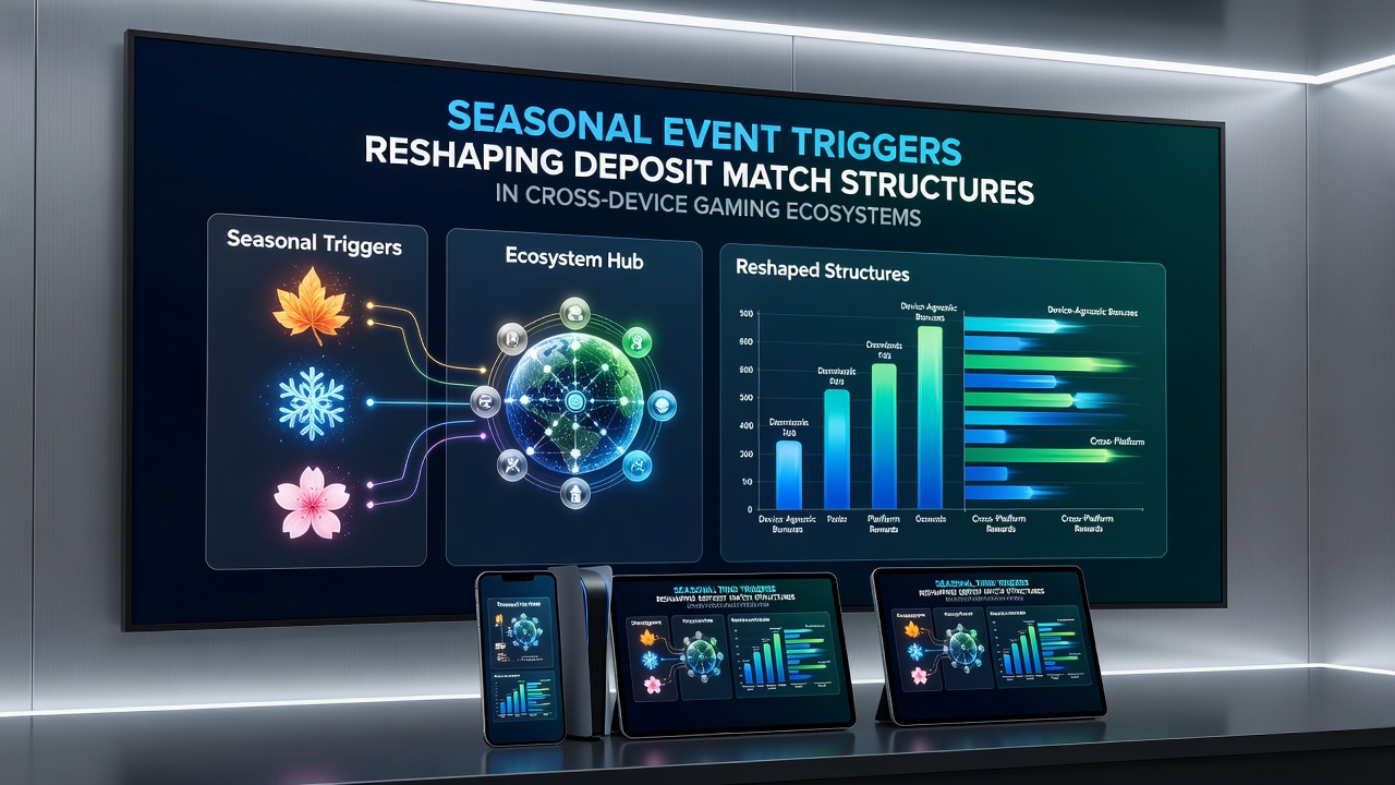 Cross-device gaming interfaces showing seasonal bonus updates