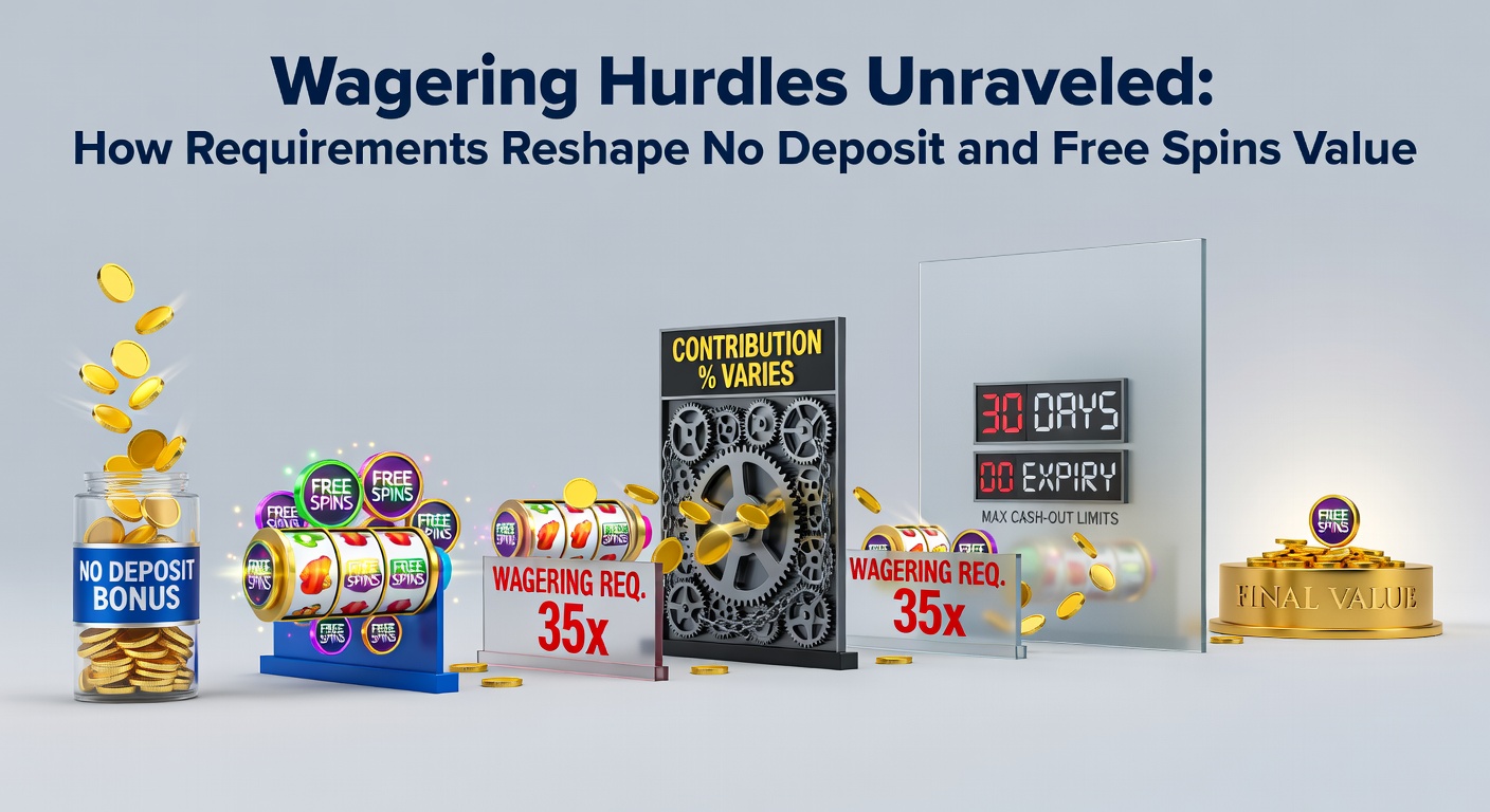 Infographic showing a maze-like path representing wagering requirements leading from bonus offers to cash withdrawals, with icons for no deposit credits and spinning reels