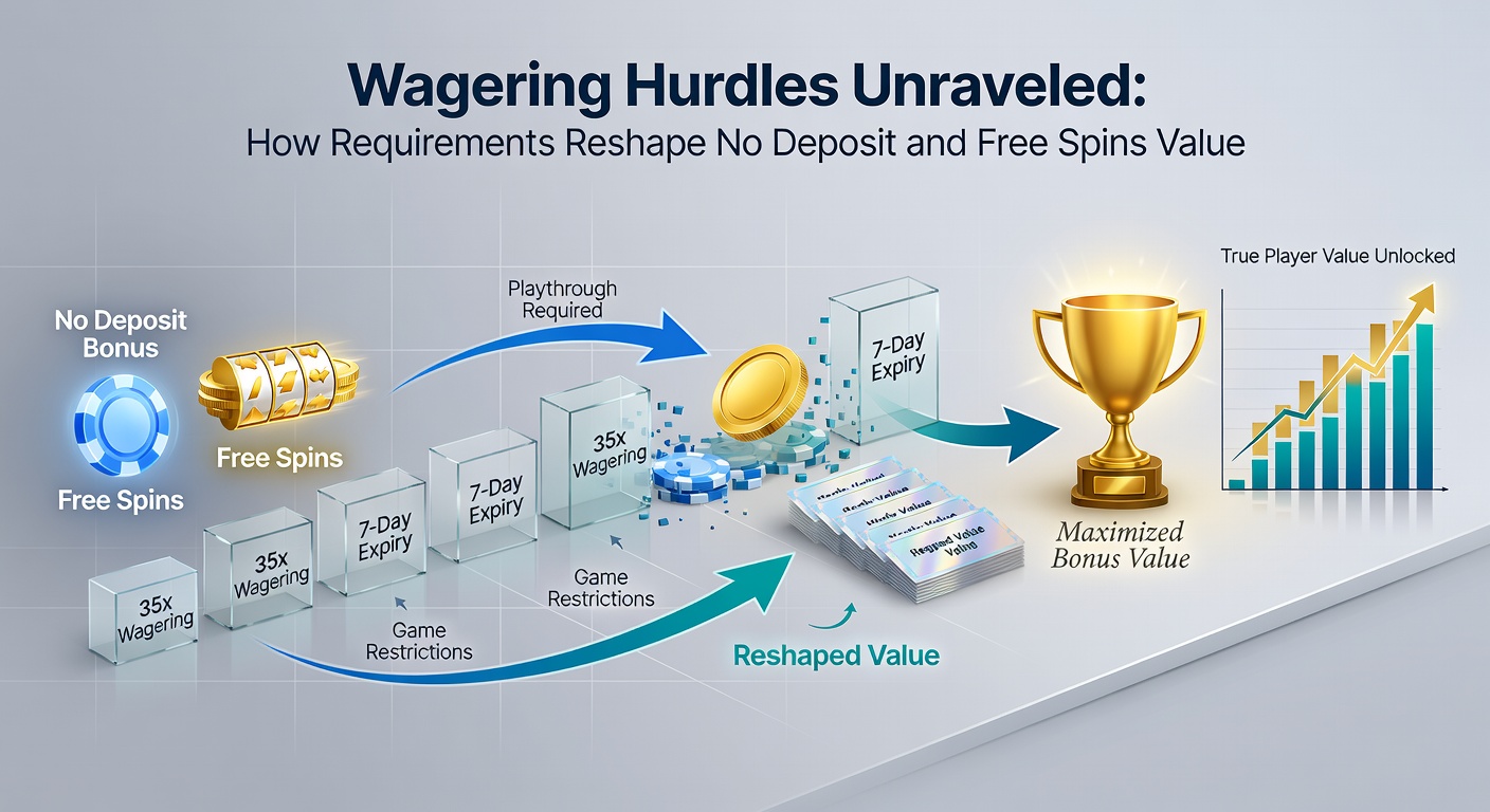Close-up chart comparing wagering multipliers for no deposit bonuses versus free spins across different casino categories, with bars showing value erosion percentages